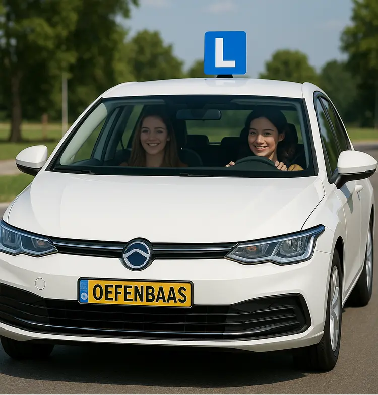 Oefenbaas intro afbeelding met witte lesauto waarin 2 vrouwen zitten