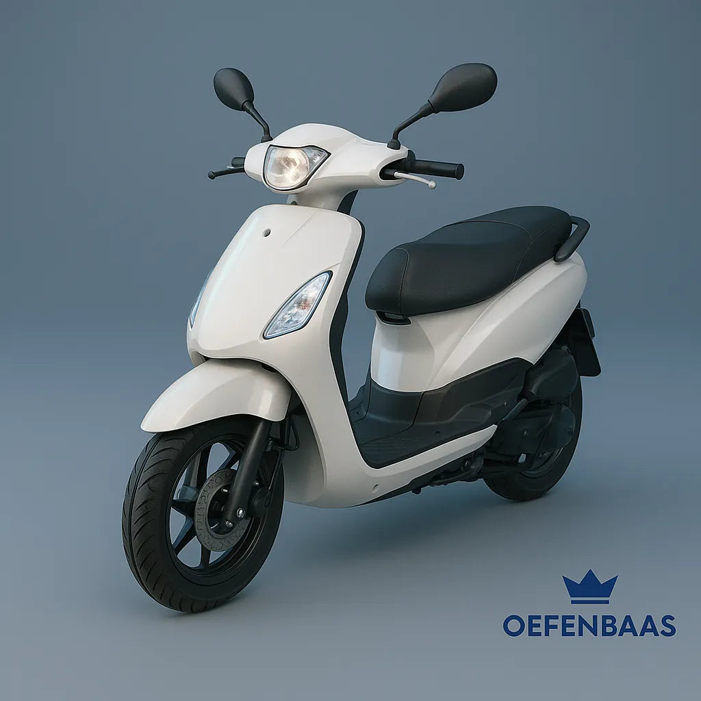 Bromfiets theorie cursus cover with sleek white scooter design, emphasizing modern style and practical learning approach.