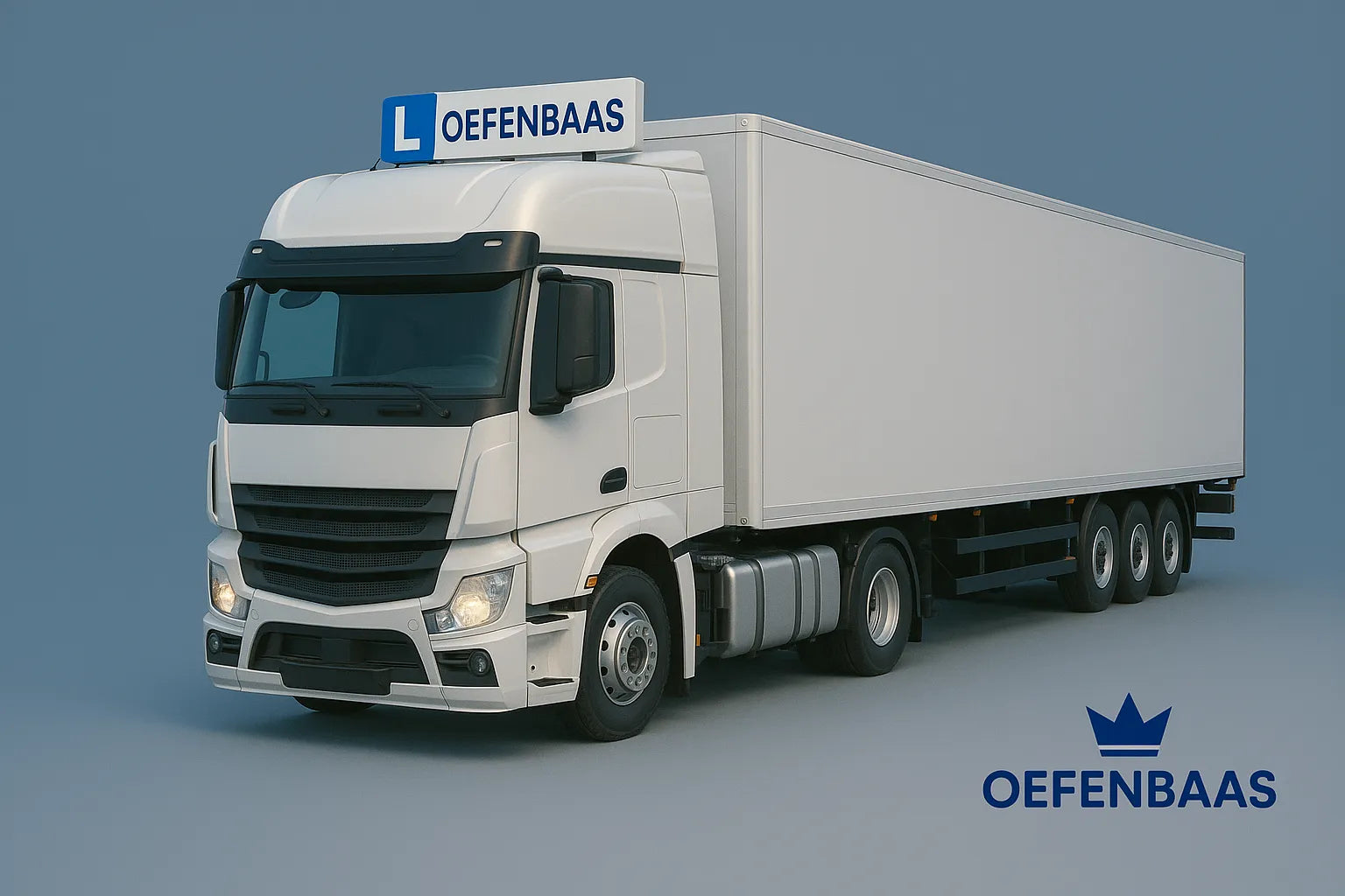 Vrachtwagen theorie cursus poster with a white truck featuring an "L" sign and Oefenbaas branding, ideal for driving learn...